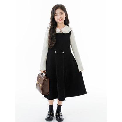 Kids Girls Long Sleeves Plain Top and Black Sleeveless Dress 2-Piece Clothing Set