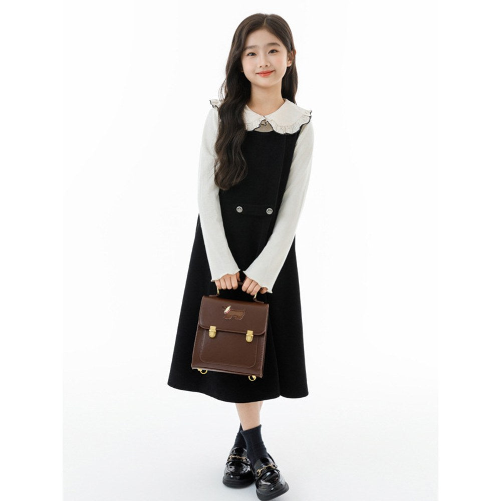 Kids Girls Long Sleeves Plain Top and Black Sleeveless Dress 2-Piece Clothing Set