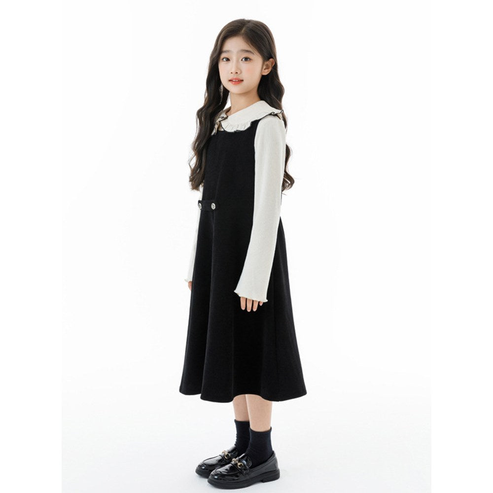Kids Girls Long Sleeves Plain Top and Black Sleeveless Dress 2-Piece Clothing Set