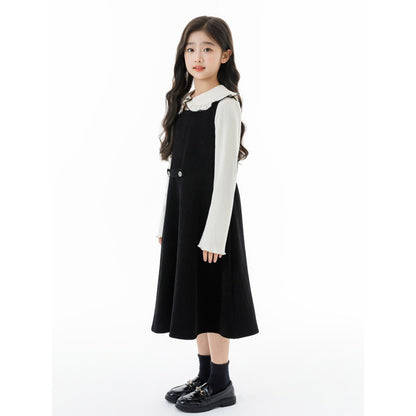 Kids Girls Long Sleeves Plain Top and Black Sleeveless Dress 2-Piece Clothing Set