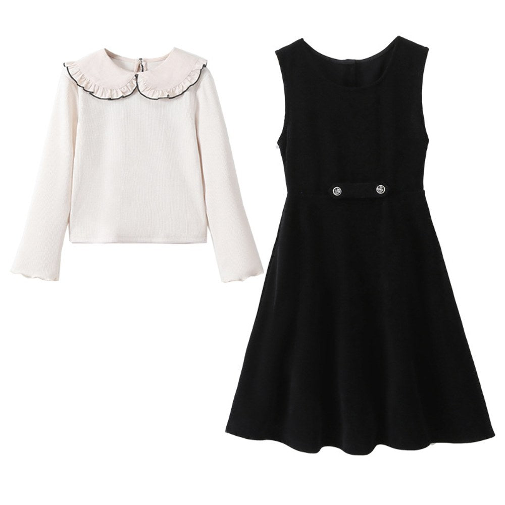 Kids Girls Long Sleeves Plain Top and Black Sleeveless Dress 2-Piece Clothing Set
