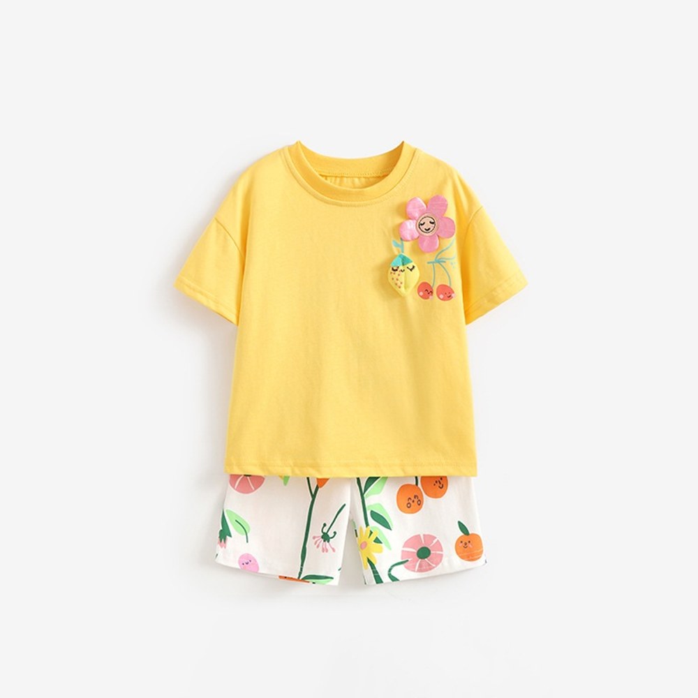 Baby Kids Girls Short Sleeves Flowers Cartoon Pattern T-shirt and Shorts 2-Piece Clothing Set
