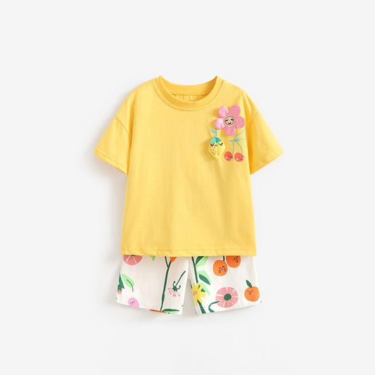 Baby Kids Girls Short Sleeves Flowers Cartoon Pattern T-shirt and Shorts 2-Piece Clothing Set