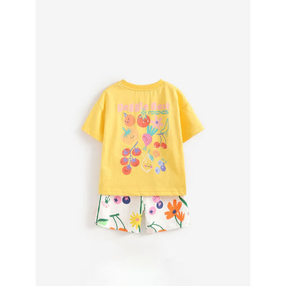Baby Kids Girls Short Sleeves Flowers Cartoon Pattern T-shirt and Shorts 2-Piece Clothing Set
