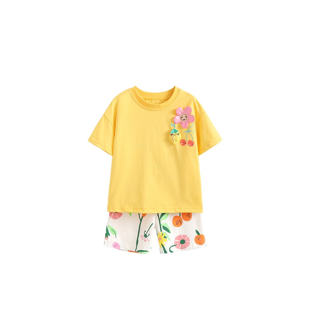 Baby Kids Girls Short Sleeves Flowers Cartoon Pattern T-shirt and Shorts 2-Piece Clothing Set
