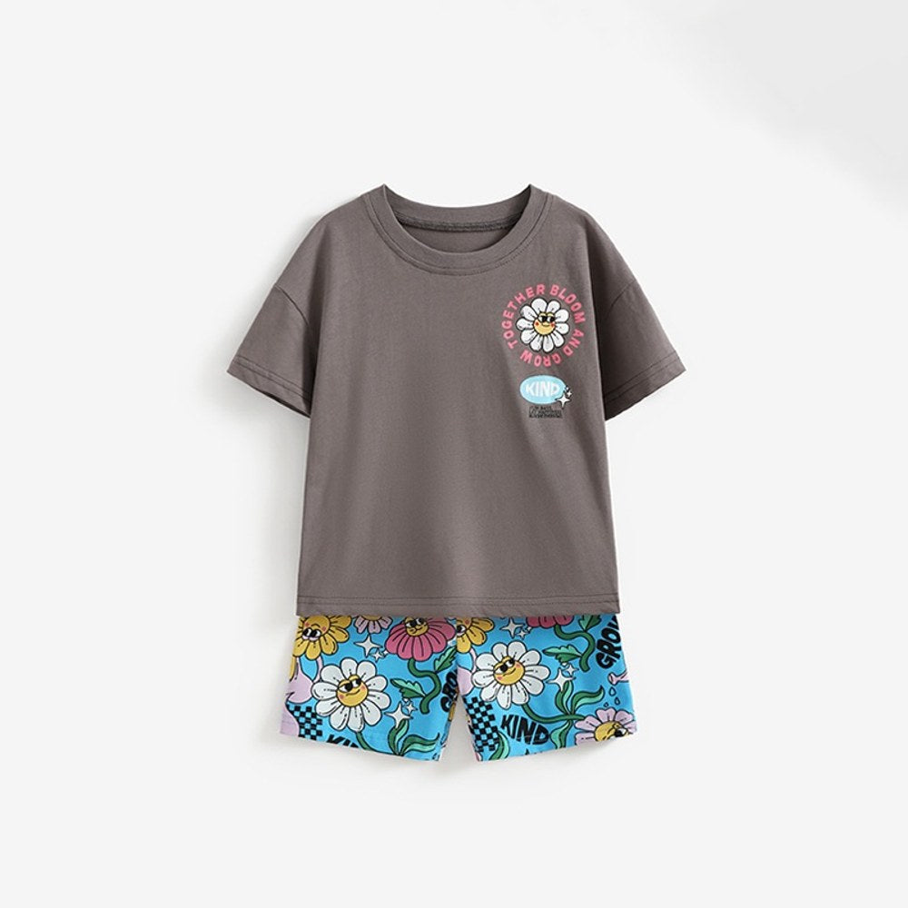 Baby Kids Girls Short Sleeves Flowers Cartoon Pattern T-shirt and Shorts 2-Piece Clothing Set