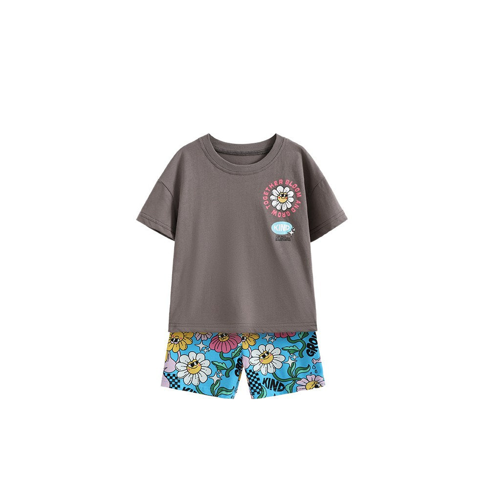 Baby Kids Girls Short Sleeves Flowers Cartoon Pattern T-shirt and Shorts 2-Piece Clothing Set