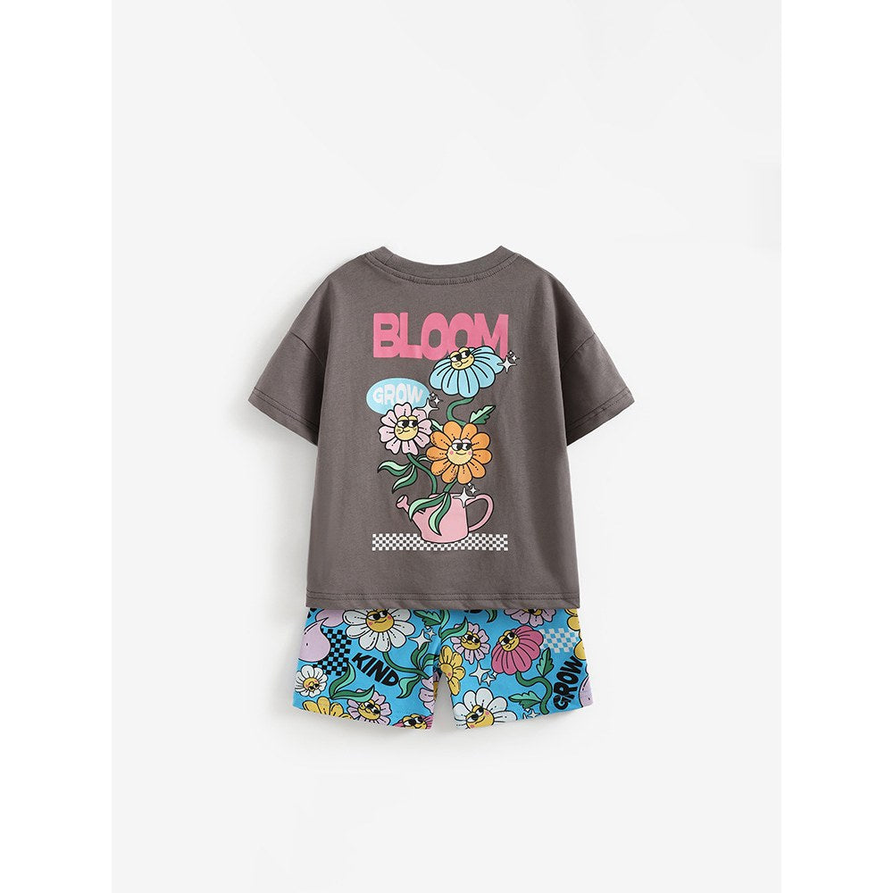Baby Kids Girls Short Sleeves Flowers Cartoon Pattern T-shirt and Shorts 2-Piece Clothing Set
