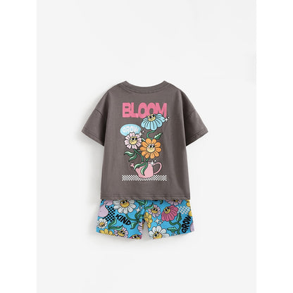 Baby Kids Girls Short Sleeves Flowers Cartoon Pattern T-shirt and Shorts 2-Piece Clothing Set