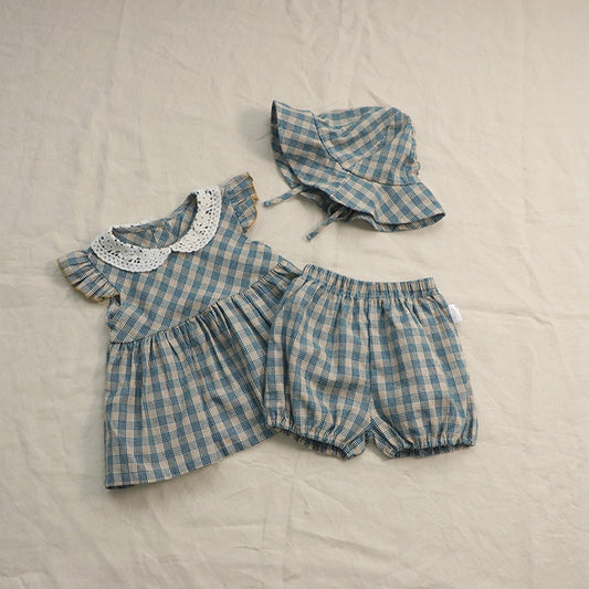 Baby Kids Girls Fly Sleeves Plaid Pattern Top, Shorts with Hat 3-Piece Set