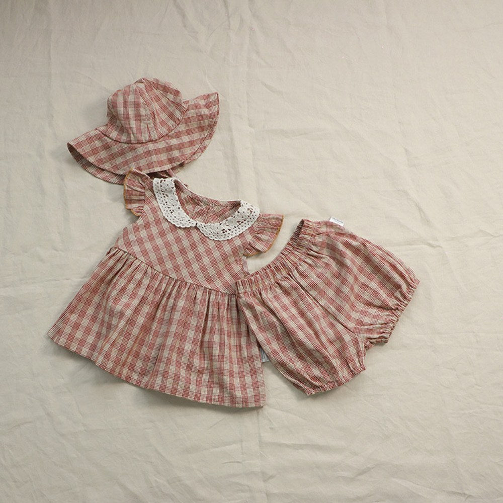 Baby Kids Girls Fly Sleeves Plaid Pattern Top, Shorts with Hat 3-Piece Set