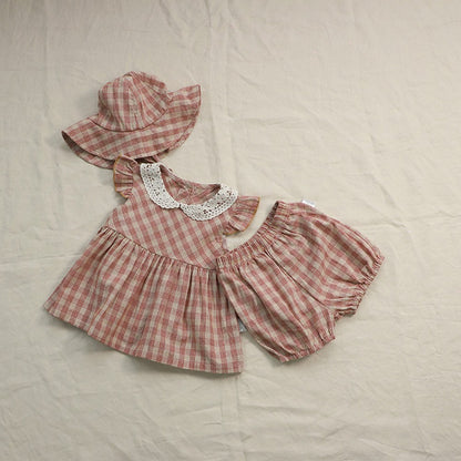 Baby Kids Girls Fly Sleeves Plaid Pattern Top, Shorts with Hat 3-Piece Set
