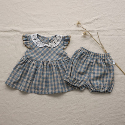 Baby Kids Girls Fly Sleeves Plaid Pattern Top, Shorts with Hat 3-Piece Set