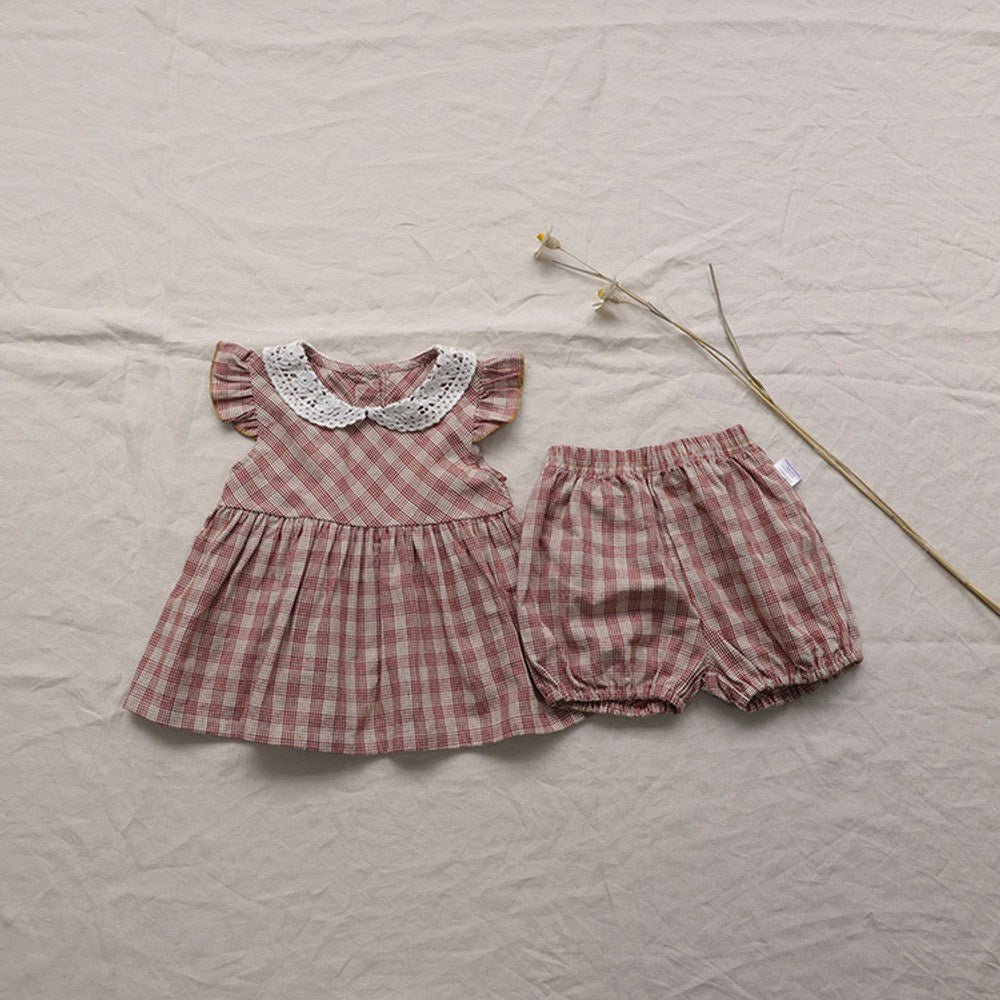 Baby Kids Girls Fly Sleeves Plaid Pattern Top, Shorts with Hat 3-Piece Set