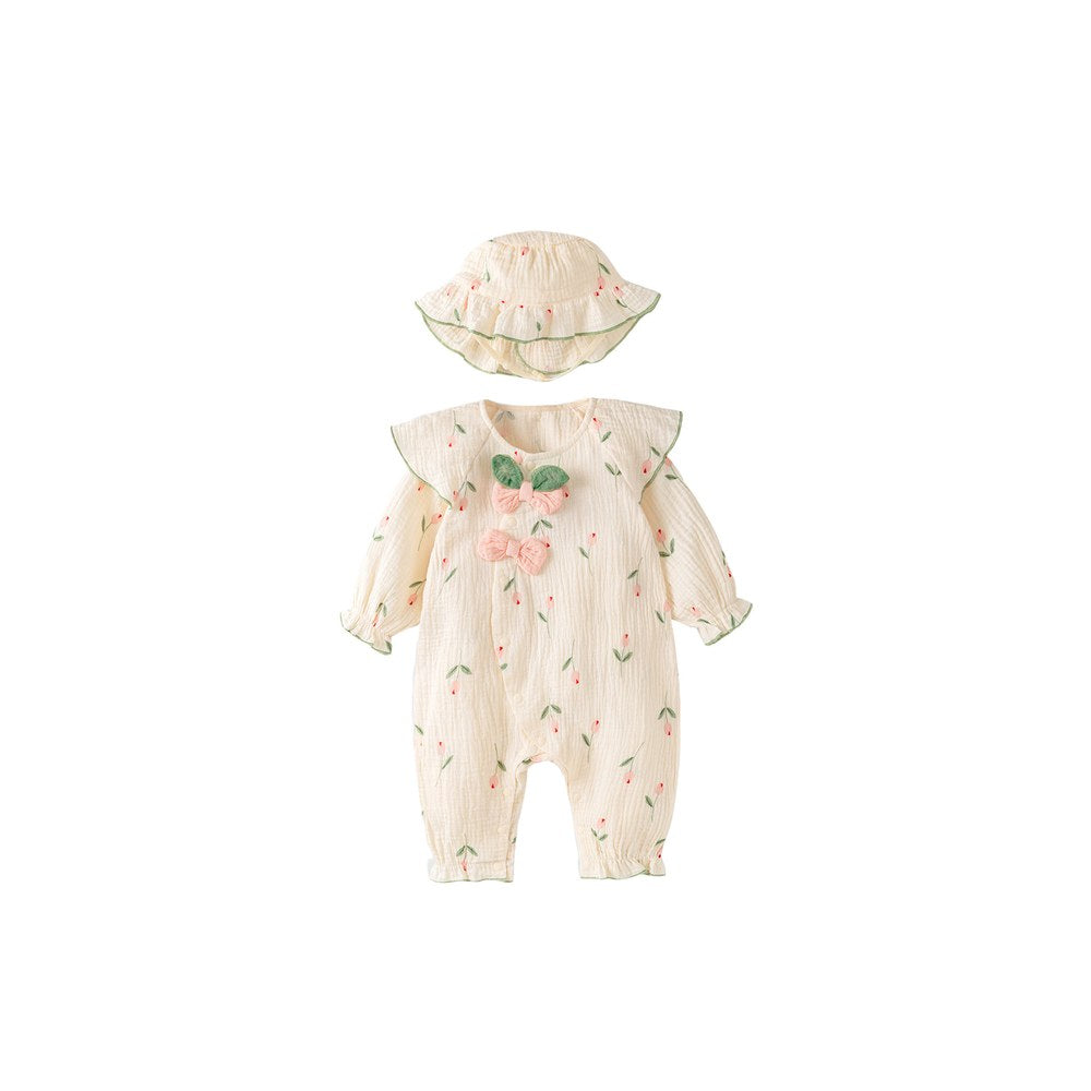 Baby Girls Long Sleeves Cute Flowers and Butterfly-bows Pattern Rompers