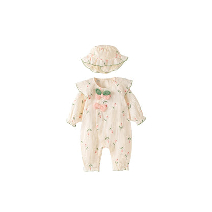 Baby Girls Long Sleeves Cute Flowers and Butterfly-bows Pattern Rompers
