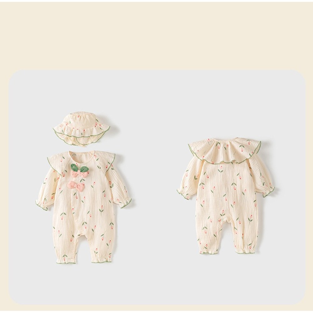 Baby Girls Long Sleeves Cute Flowers and Butterfly-bows Pattern Rompers