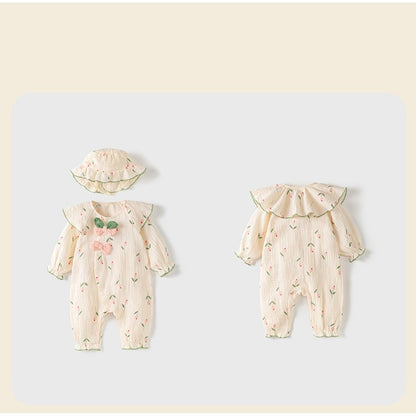 Baby Girls Long Sleeves Cute Flowers and Butterfly-bows Pattern Rompers