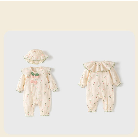 Baby Girls Long Sleeves Cute Flowers and Butterfly-bows Pattern Rompers