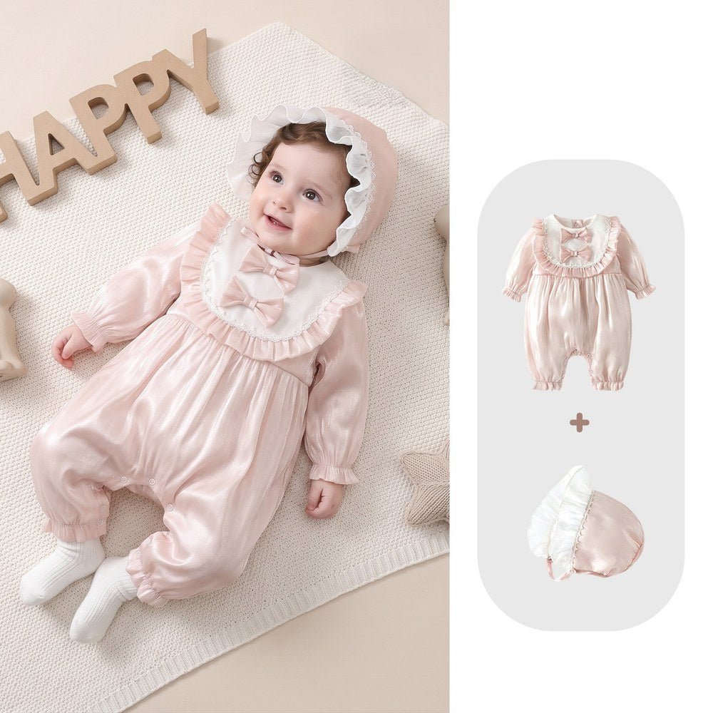 Baby Girls Long Sleeves Cute Butterfly-bows Pattern Color Patchwork Rompers
