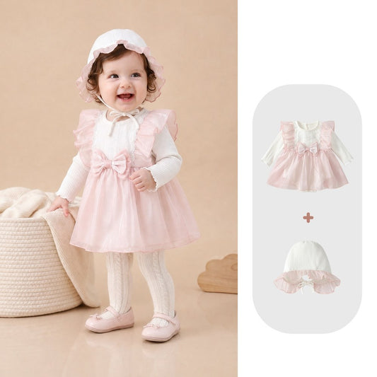 Baby Girls Long Sleeves Cute Butterfly-bows Pattern Bodysuit Dress with Hat