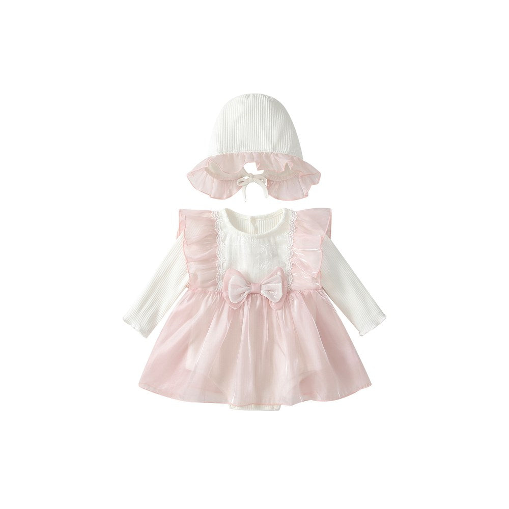Baby Girls Long Sleeves Cute Butterfly-bows Pattern Bodysuit Dress with Hat