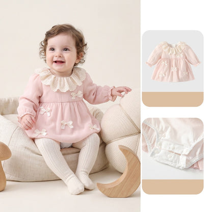 Baby Kids Girls Long Sleeves Cute Butterfly-bows Pattern Bodysuit Dress