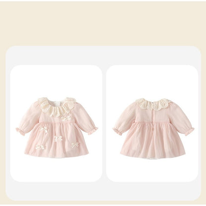 Baby Kids Girls Long Sleeves Cute Butterfly-bows Pattern Bodysuit Dress