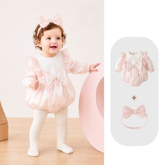 Baby Girls Long Sleeves Cute Butterfly-bows Pattern Bodysuit with Headband