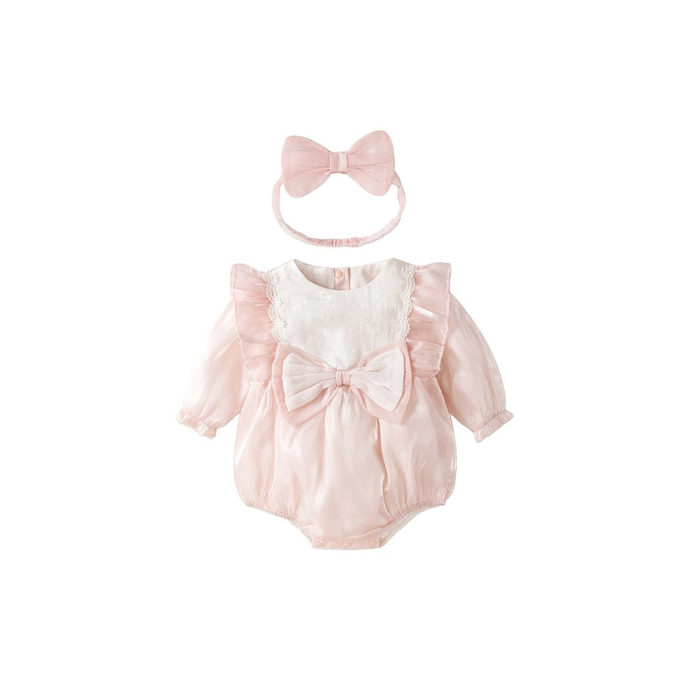 Baby Girls Long Sleeves Cute Butterfly-bows Pattern Bodysuit with Headband