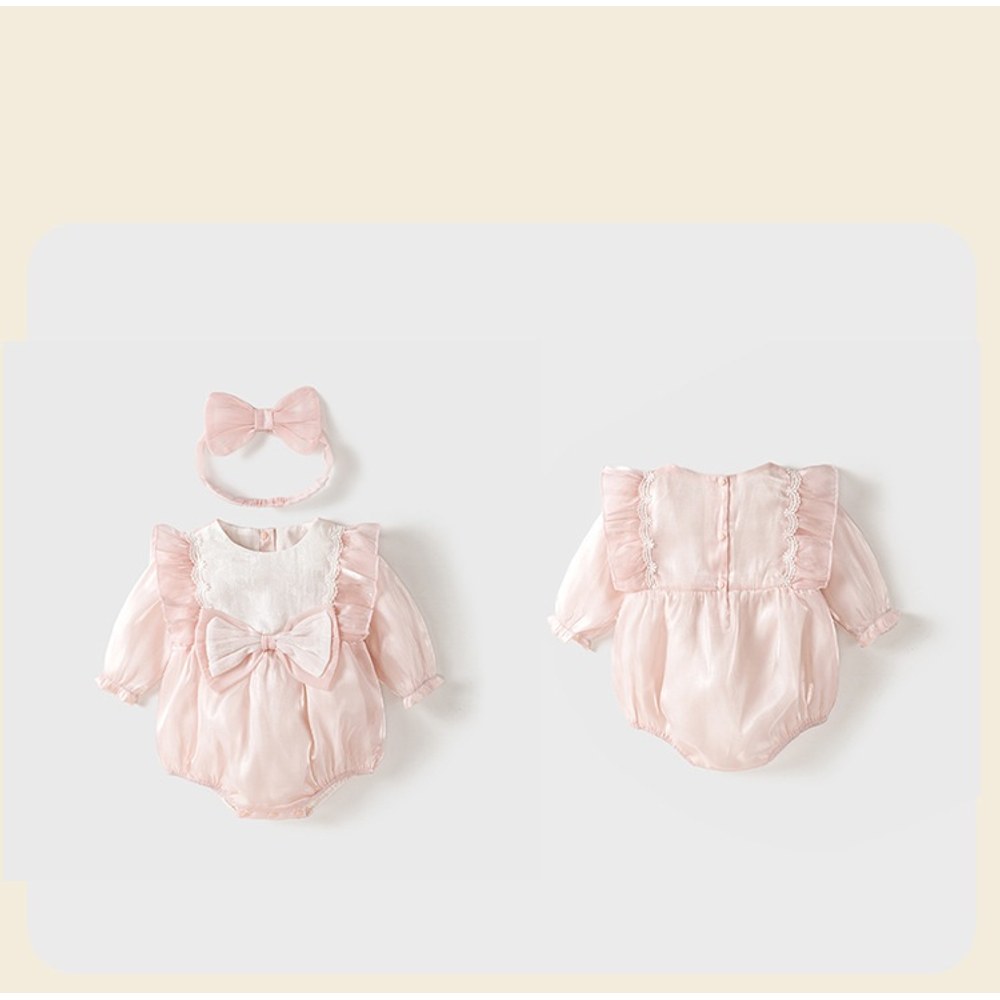 Baby Girls Long Sleeves Cute Butterfly-bows Pattern Bodysuit with Headband