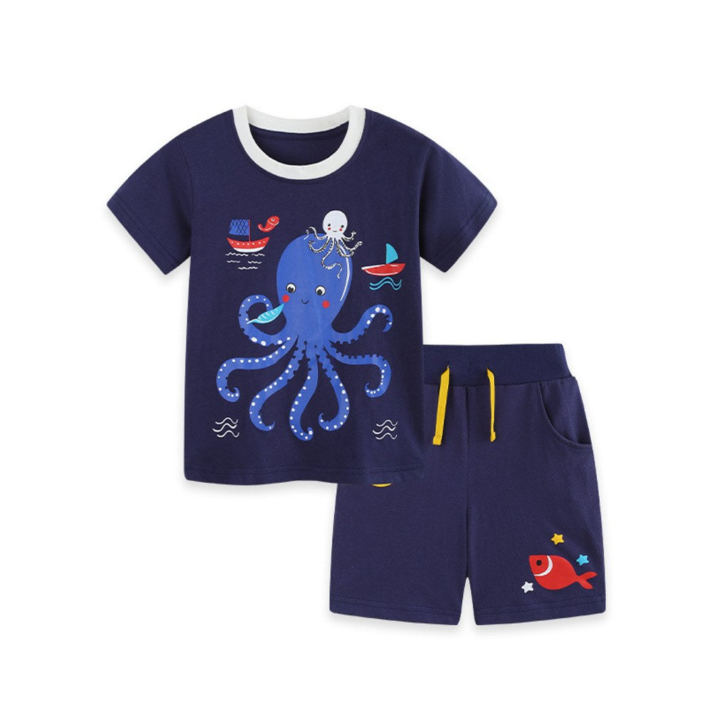 Baby Kids Boys Short Sleeves Cartoon Pattern T-shirt and Shorts 2-Piece Clothing Set