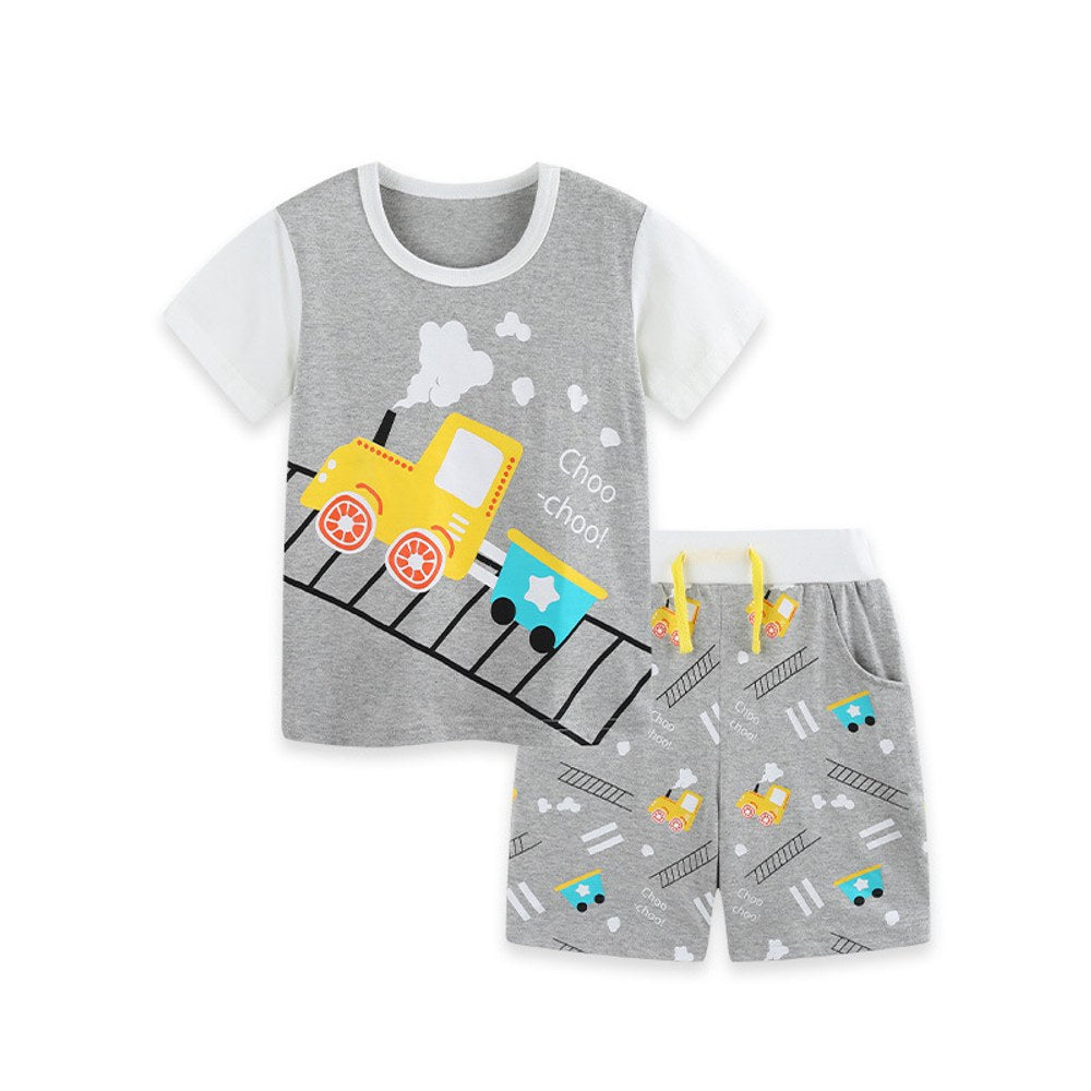 Baby Kids Boys Short Sleeves Cartoon Pattern T-shirt and Shorts 2-Piece Clothing Set