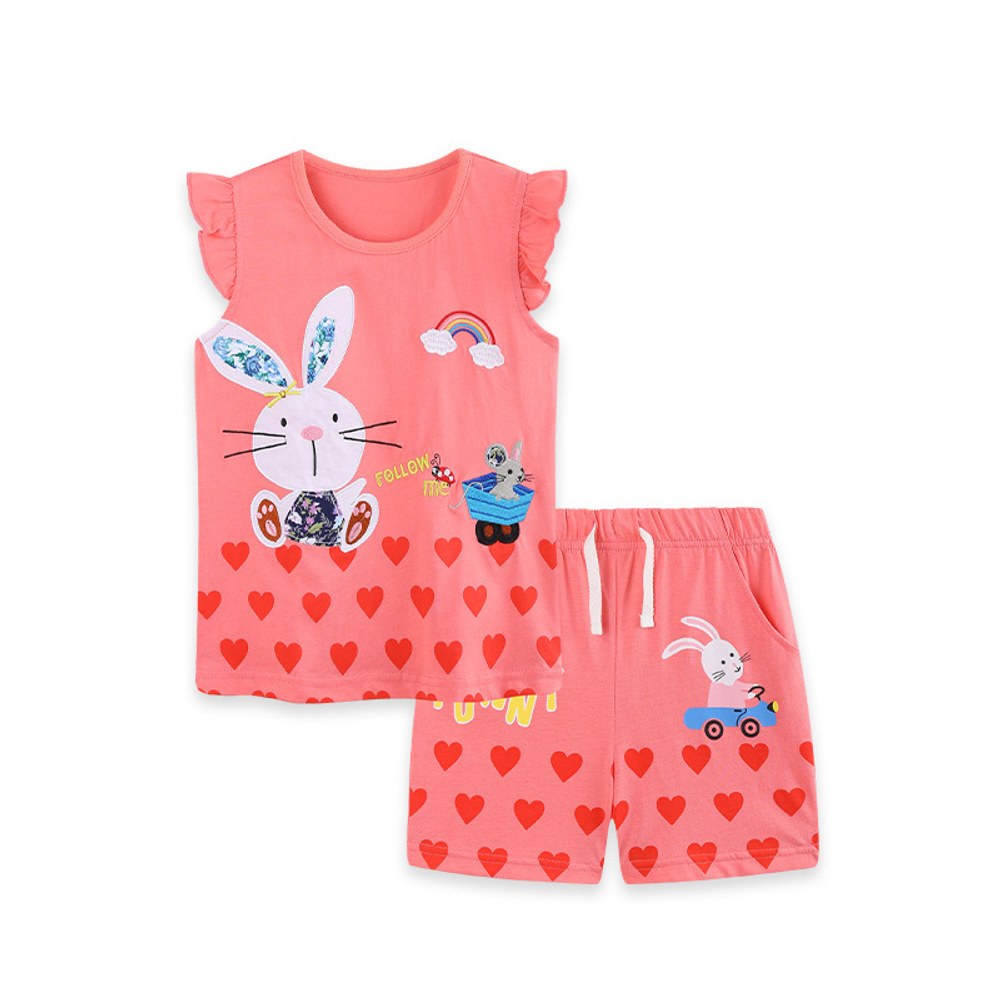 Baby Kids Girls Fly Sleeves Cartoon Pattern Vest and Shorts 2-Piece Clothing Set