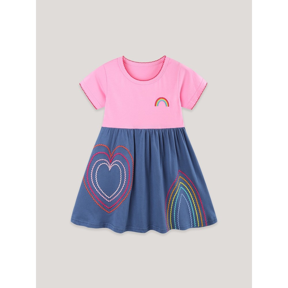 Cute Rainbow and Hearts Pattern Short Sleeves Dress for Stylish Girls