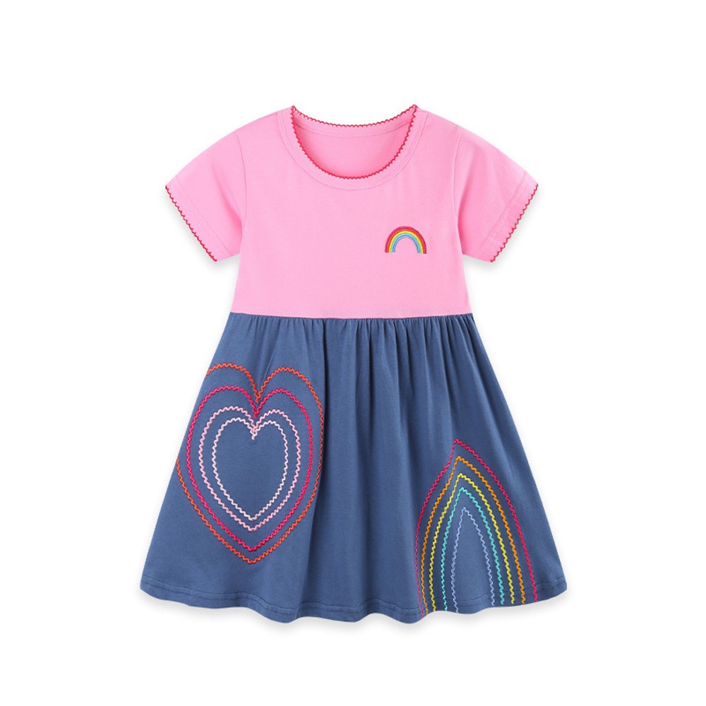 Cute Rainbow and Hearts Pattern Short Sleeves Dress for Stylish Girls