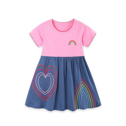 Cute Rainbow and Hearts Pattern Short Sleeves Dress for Stylish Girls