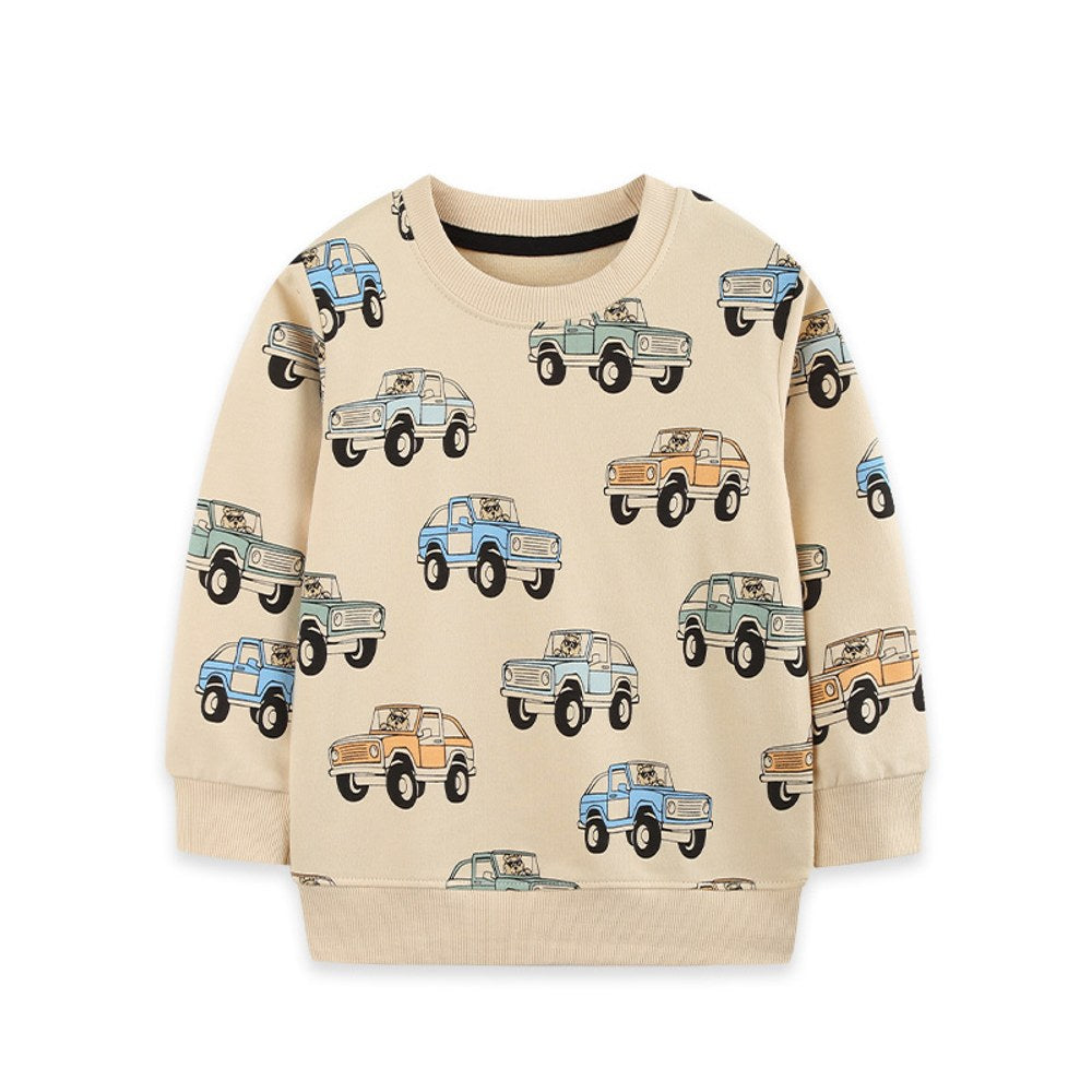 Kids Boys Cars Cartoon Pattern Crew Neck Long Sleeves Sweatshirt