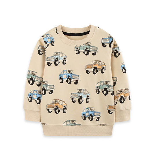 Kids Boys Cars Cartoon Pattern Crew Neck Long Sleeves Sweatshirt