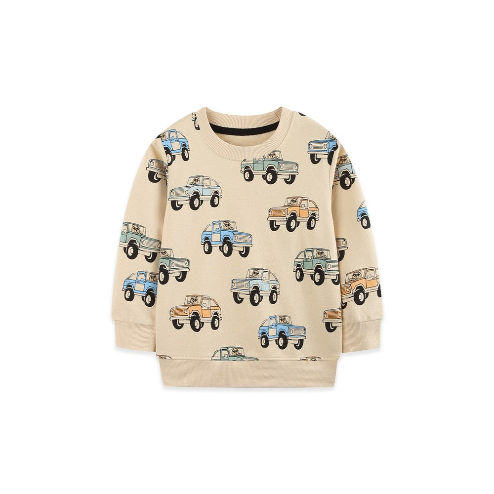 Kids Boys Cars Cartoon Pattern Crew Neck Long Sleeves Sweatshirt