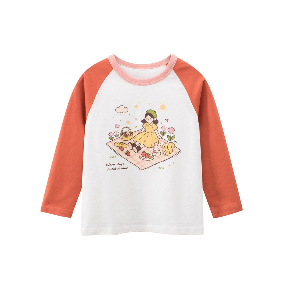 Kids Girls Cartoon and Letters Print Crew Neck Long Sleeves Top