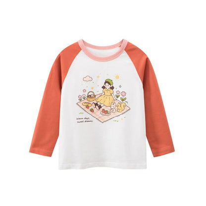 Kids Girls Cartoon and Letters Print Crew Neck Long Sleeves Top