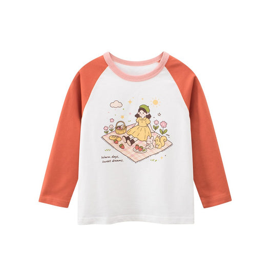 Kids Girls Cartoon and Letters Print Crew Neck Long Sleeves Top
