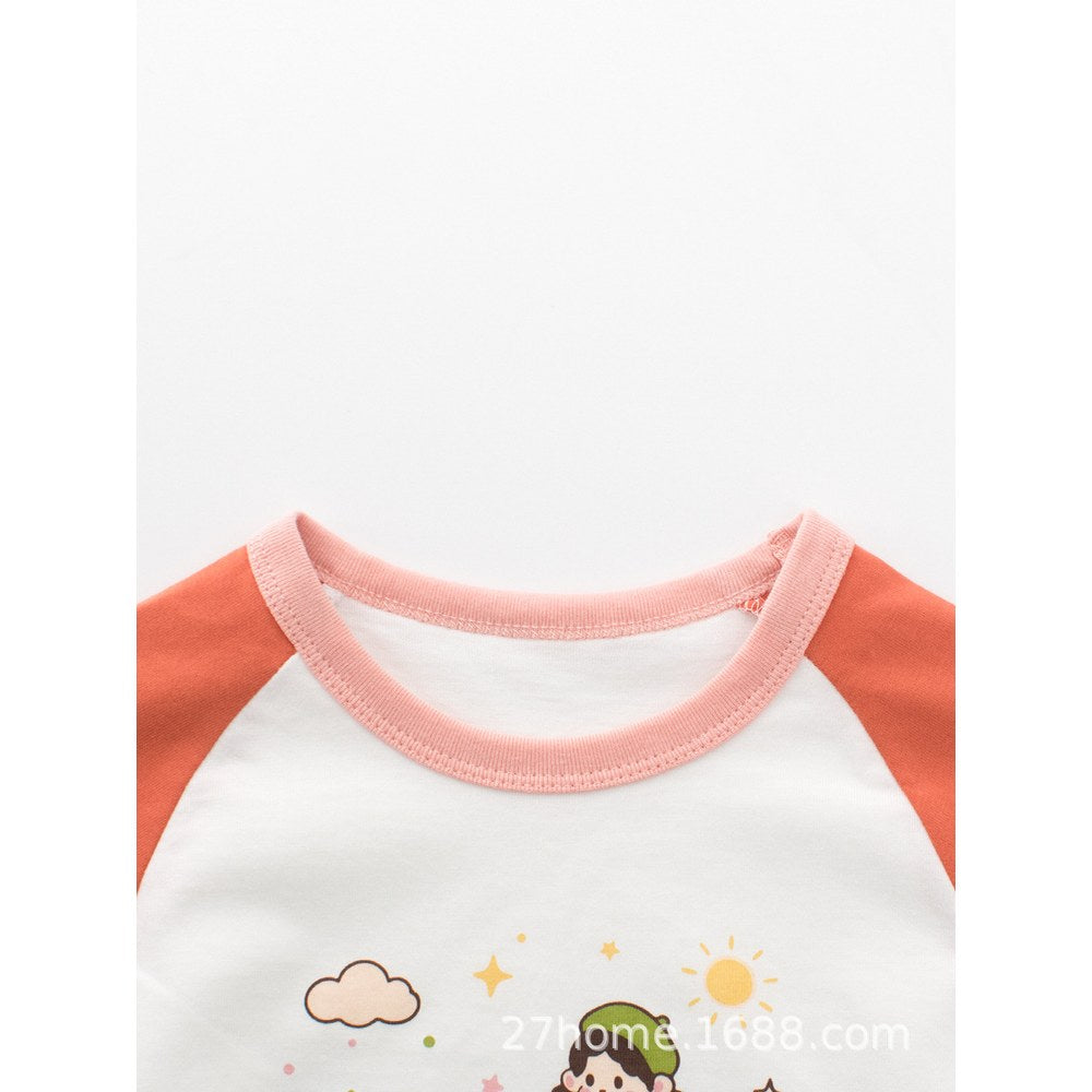 Kids Girls Cartoon and Letters Print Crew Neck Long Sleeves Top