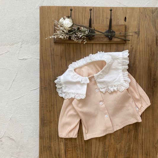 Baby Kids Girls Long Sleeves Lace Trim Collar Single Breasted Top