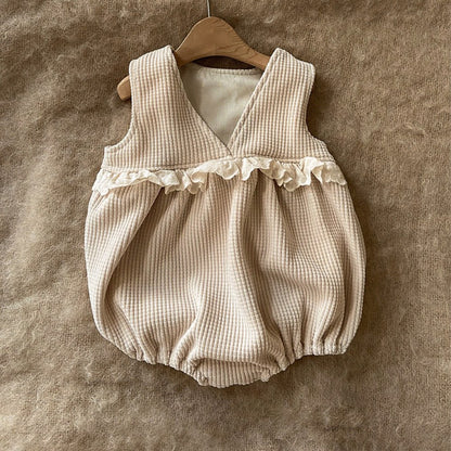 Baby Kids Girls Sleeveless V Neck Waffle Grid Bodysuit