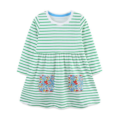 Baby Kids Girls Princess Striped and Flowers Pattern Long Sleeves Dress