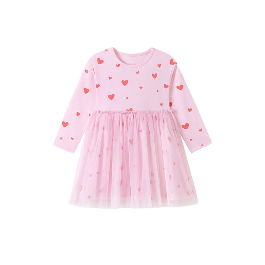 Baby Kids Girls Princess Hearts Pattern Long Sleeves Pink Dress