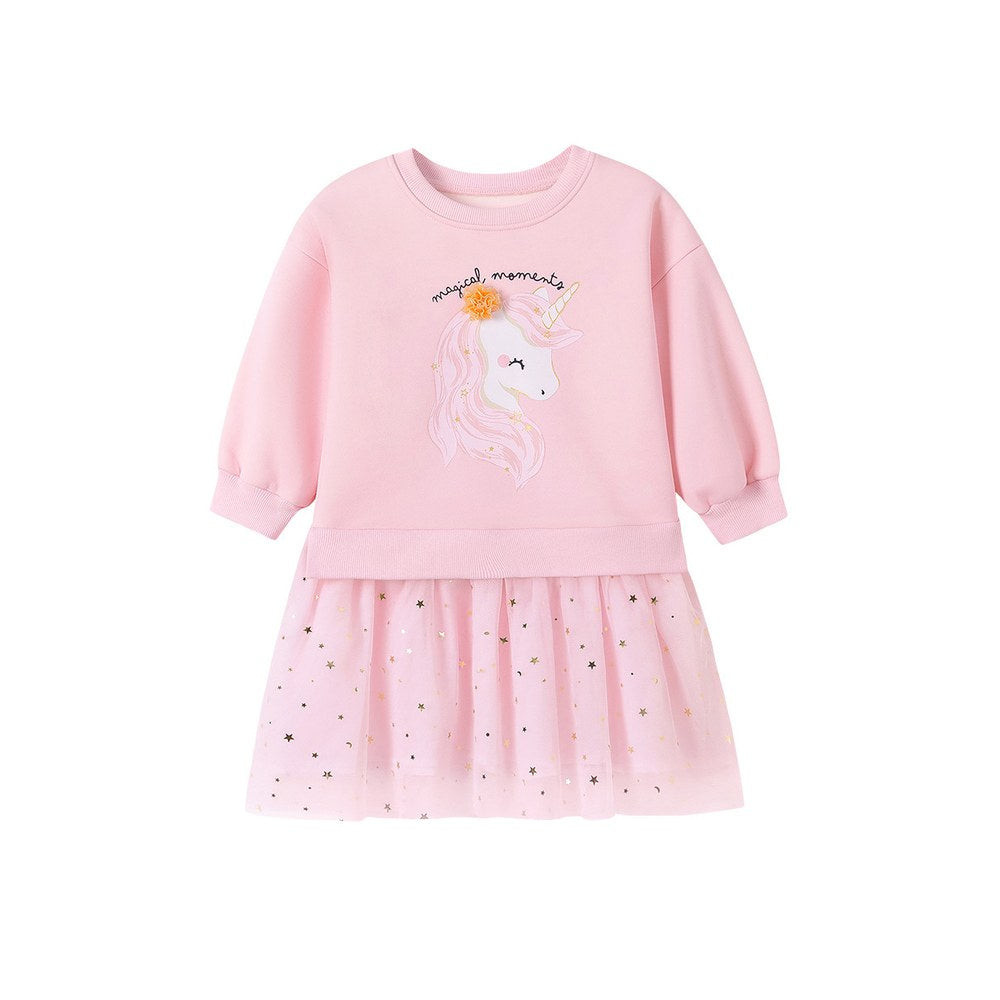 Baby Kids Girls Princess Stars and Cartoon Pattern Long Sleeves Thick Dress