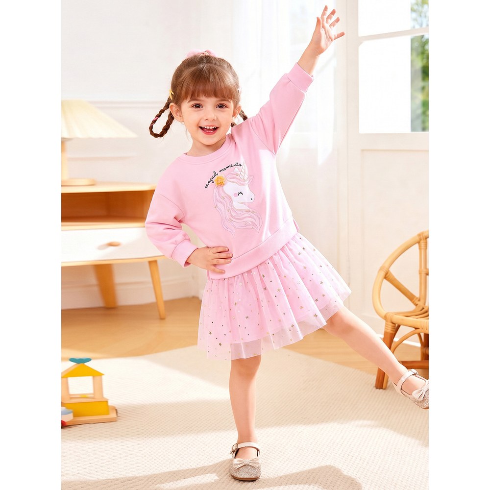 Baby Kids Girls Princess Stars and Cartoon Pattern Long Sleeves Thick Dress